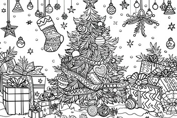 Christmas coloring page featuring snowflakes and cheerful seasonal characters