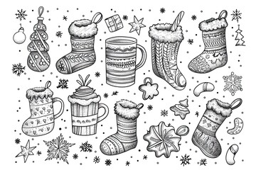 Christmas coloring page featuring snowflakes and cheerful seasonal characters