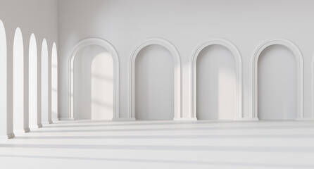 Fototapeta premium White wall corridor empty space background with window light for architecture showing space 3d rendering 