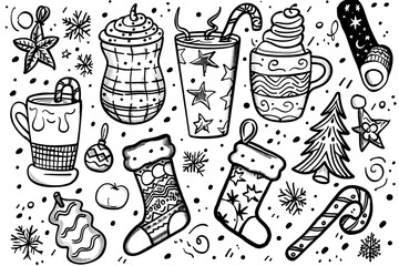 Christmas coloring page featuring snowflakes and cheerful seasonal characters