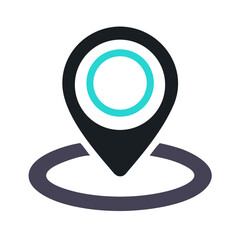 Illustration of a black location pin with a turquoise circle and a gray circular base marking area