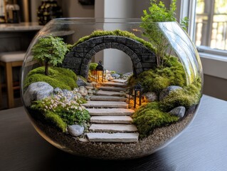 Terrarium with stone bridge, moss and tiny tree in glass bowl. Perfect for home decor, it features warm lights and a magical forest scene. Ideal for nature lovers.