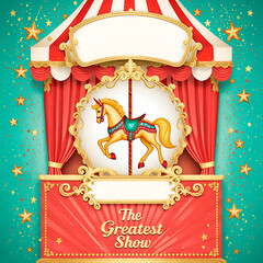  Circus theme, colorful vector illustration. Poster, banner, or show invitation in red, green, and white with gold accents. Lettering "The Greatest Show." Space for text.