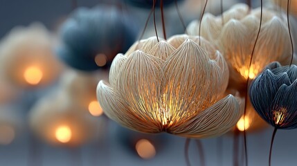 Floating floral light fixtures glow softly with warm light