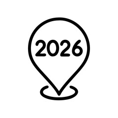 A simple black location pin icon containing the year 2026 in a clean and minimalist style design