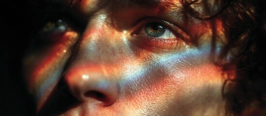 Close-up of a face, with rainbow light illuminating an eye