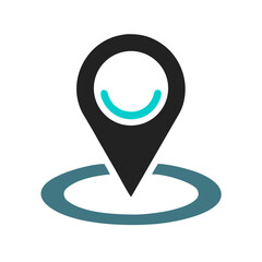 A simple black location pin with a turquoise smile inside and a turquoise circle underneath it