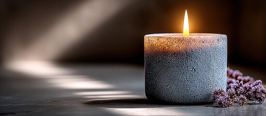 A lit candle with a textured base, next to dried purple flowers
