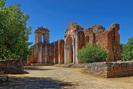 Ruined stone architecture with columns archways and crumbling brickwork against a clear blue sky