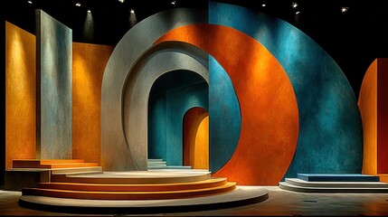 Abstract stage set with colorful arches and textures, lit from above