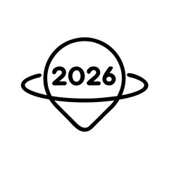 An outline of a location pin with a ring around it and the year two thousand twenty six inside it