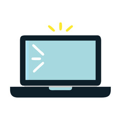 Illustration of a dark blue laptop with a light blue screen and yellow light rays above it online 