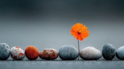 A single vibrant orange flower amongst smooth grey and red stones