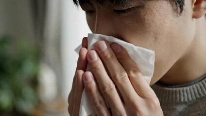 Close-up of a Man with Cold Symptoms Blowing Nose with Tissue Inside A Room with Natural Daylight and Subtle Shadows