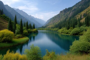 Serene lake surrounded by lush forests and mountains under a clear blue sky