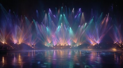 Stage lights illuminating water, creating colorful, ethereal reflections