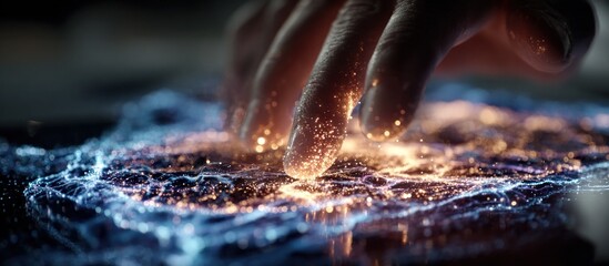 Fingers touch a glowing, abstract surface with particles