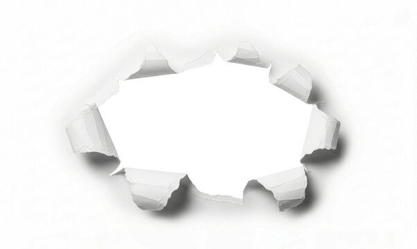 Realistic torn paper hole with ripped edges and transparent center isolated on white background