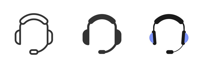 Headphones icons set. Symbolizing audio, music, listening and sound. The headphones are ideal for multimedia interfaces, music applications, audio equipment, podcasting. Line, glyph and flat style