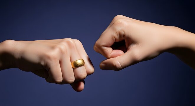 Fist Bump with Golden Ring against Dark Blue Backdrop, Close-Up