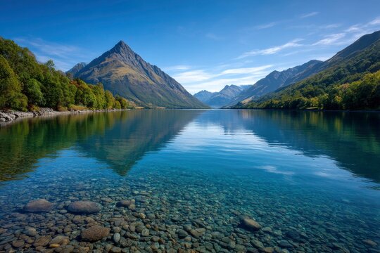 Serene lake view featuring clear water visible pebbles a prominent mountain reflected in the still surface flanked by treelined shores