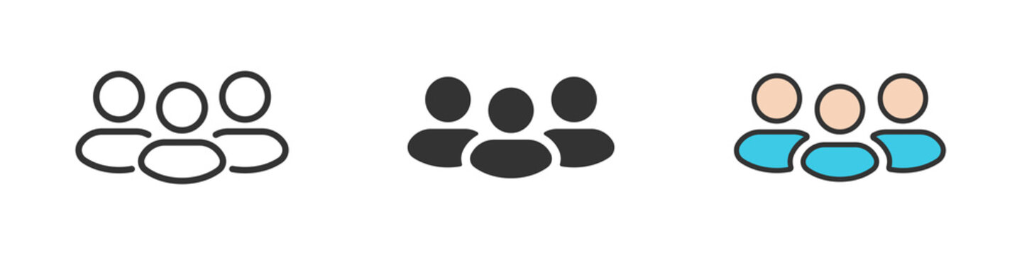 People group icon set. Avatar placeholder for web design.  Team group sign. Teamwork symbol. Leader person, crowd of people. User profile headshot avatar symbol. Line, glyph and flat style. Vector