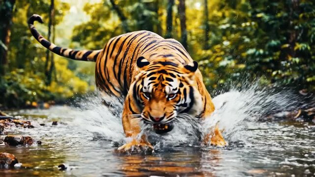 Majestic Tiger Emerges from Lush Jungle River, Majestic Predator Unleashing Powerful Pounce with Water Splashing Around