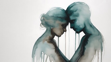Ethereal Watercolor Painting of Intimate Embrace in Teal and Green