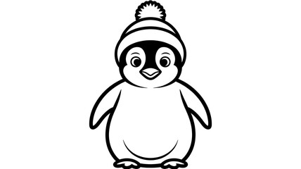 Cute Cartoon Penguin Wearing Knitted Winter Hat Line Drawing