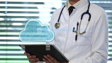 Doctor using tablet and AI to upload patient health medical data record to cloud