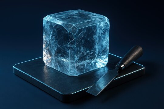 Captivating crystalline ice block illuminated by sleek lighting with an artisan chisel resting on a minimalist black backdrop reflecting craftsmanship and innovation