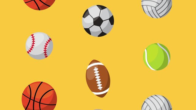 Sports balls of different kinds are scattered on a plain background. Flat graphic animated cartoon