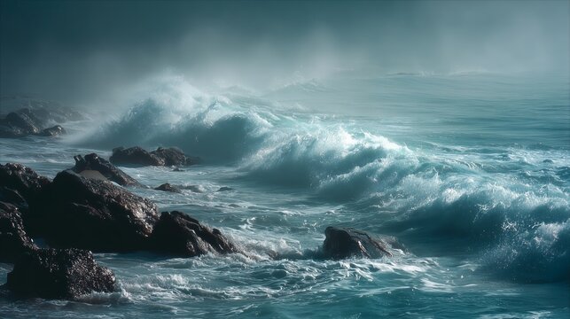 Waves crash against rocks under a misty ocean sky in the early morning light