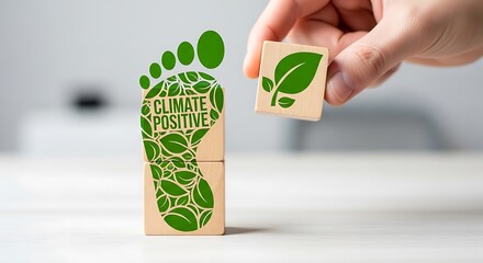Hand placing a wooden block with a leaf symbol next to a footprint with the words climate positive on a white surface
