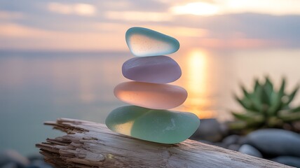 Stacked Pastel Sea Glass Pebbles with Ocean Sunset and Succulent Close-Up