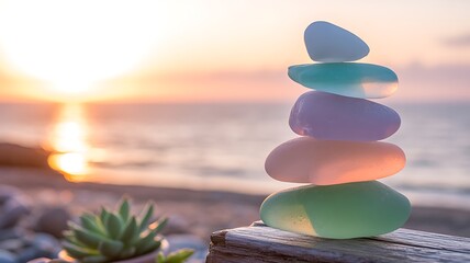 Stacked Pastel Sea Glass Pebbles with Ocean Sunset and Succulent Close-Up