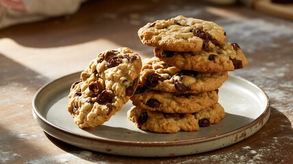 Rustic Oatmeal Chocolate Chip Cookies Stack on Ceramic Plate Close-Up