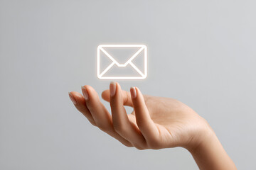 Close up of female hand holding a glowing email symbol icon,  strategies and digital business communication emphasizing newsletter distribution 