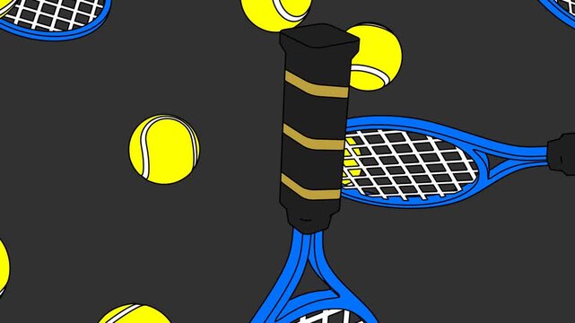 Tennis balls  rackets scatter a grey background. Flat graphic animated cartoon