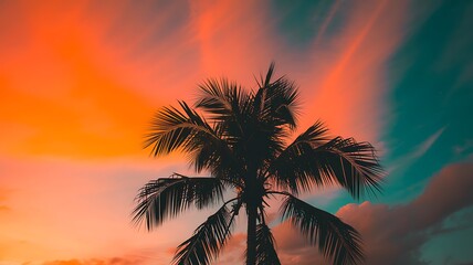 Silhouetted Palm Tree Against Vibrant Painterly Sunset Sky