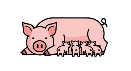 Cartoon Pig and Piglets Family Farm Animal Illustration
