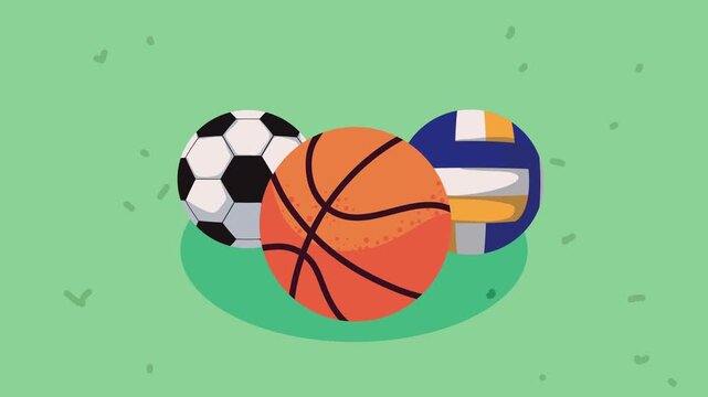 Three sports balls  a soccer ball basketball and volleyball on a patch of green grass. Flat graphic animated cartoon