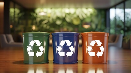 Colorful Recycling Bins Green Blue Orange on Wooden Floor Close-Up
