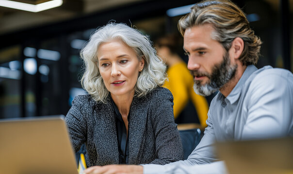 A businesswoman and a male colleague are in their office discussing work matters on a laptop. Businesspeople are talking at a table in an office.