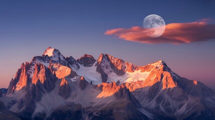 Snow-Capped Mountain Range with Full Moon Twilight Landscape