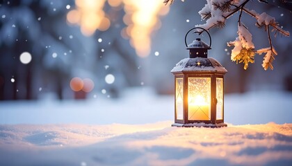 Lantern glowing softly in snow creates peaceful winter ambiance, gentle bokeh lights, warm candlelight, and serene frosted branches evoke calm and tranquility outdoors.