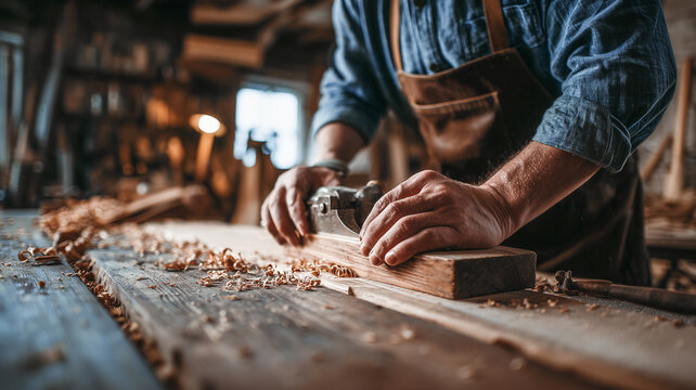 A carpenter works with a plane on a wooden board in his workshop, demonstrating his skill and woodworking expertise. A close-up of the carpenter's hands.