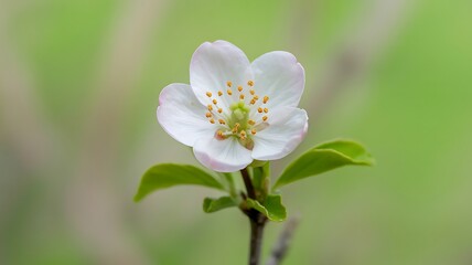 Delicate White Blossom with Green Leaves Macro Close-Up
