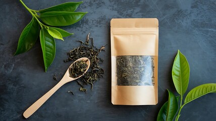 Loose Green Tea in Kraft Pouch Flat Lay with Wooden Spoon and Sprigs