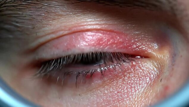 Close-Up Shot of Human Eye with Redness and Inflammation Revealing Detailed Eyelash Texture and Iris Color for Medical Healthcare Purposes